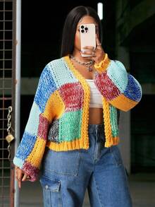 Slaydiva Plus Size Women's Contrast Color Block Chunky Knit Cardigan,Yellow Autumn Everyday Smart Casual Drop Shoulder Loose Crochet Knitted Cardigan For Fall - Multicolor - View 1