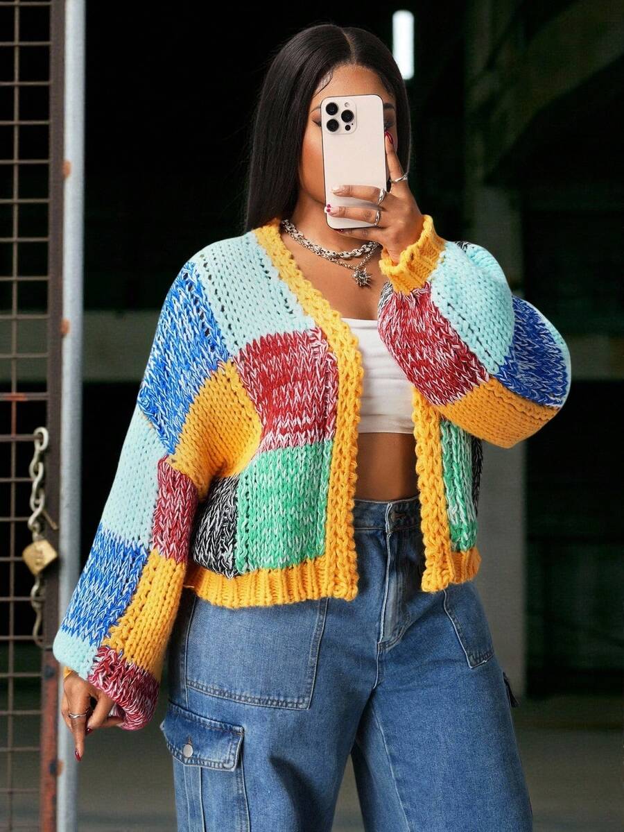 Slaydiva Plus Size Women's Contrast Color Block Chunky Knit Cardigan,Yellow Autumn Everyday Smart Casual Drop Shoulder Loose Crochet Knitted Cardigan For Fall - Multicolor - View 1