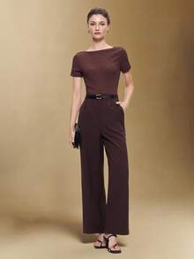 BizChic 2025 Autumn/Winter New Burgundy Side Pocket Straight Leg Pants, Elegant & Romantic Office/Business Casual Trousers, Suitable For Weddings, Parties, Performances, Daily Wear, Halloween, Christmas, National Day, New Year - Coffee Brown - View 5