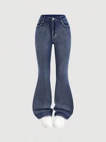 SHEIN Girlism Teen Girl Avant Vintage Millennium Punk High Waist Embroidered Pocket Pistol Y2K Denim Flare Jeans,Halloween Costumes,Fall,Christmas Pants,Fall,Fall Winter Back To School Homecoming Jeans,Pants Streetwear Vintage,Comfortable And Versatile, For 13-16 Years Old, Suitable For School, Home And Travel,EMBROIDERY JEANS PANTS - Dark Wash - View 2