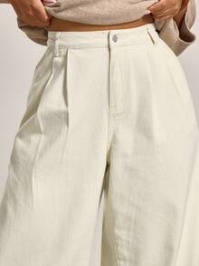 MUSERA 加厚牛仔褶裥细节阔腿卷边牛仔裤，冬季，酷女孩，舒适，日常穿着 - 白色 - 查看 5