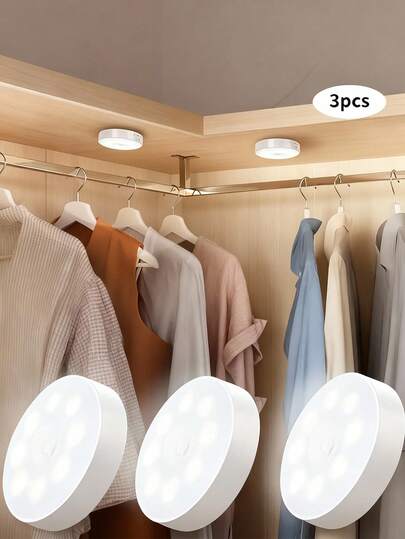 3 件装运动传感器壁橱灯 - 磁性、USB 充电、8-LED 无线室内照明、120° 超宽红外感应、半嵌入式安装、塑料灯罩、电池供电、走廊、楼梯、卧室、红外传感器、黄色/白色 LED