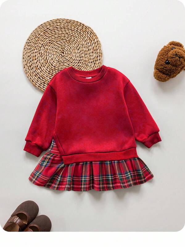SHEIN Baby Girl Cute Plaid Long Sleeve Patchwork Dress, Autumn/Winter Baby Girl Christmas Outfit Red Plaid Dress Baby Girl Long Sleeve Dress Baby Girl Baby Girl Dress Baby Girl Red Dresses