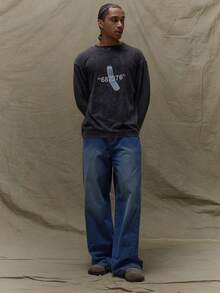 Musero Long Sleeve Washed Boxy Oversized Crewneck Graphic T-Shirt SPRING SUMMER Wardrobe - Black - View 3