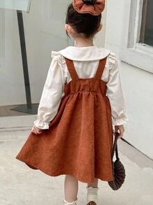 SHEIN 年轻女孩休闲领口纽扣长袖衬衫/围裙套装 - 彩色 - 查看 4