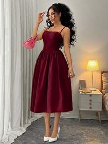 Rafferiza Fashionable Versatile Date Party Spaghetti Strap Waist Flared Dress For Women, Autumn/Winter