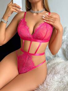Classic Sexy Women's Hollow Out Design Spaghetti Strap French Lace Bodysuit Lingerie - Watermelon Pink - View 4