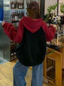 DAZY Sudadera con capucha de manga raglán para mujer, estilo coreano - Rojo - Ver 3