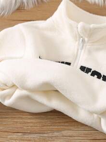 SHEIN 2pcs Baby Boys Cute Letter Embroidered Fluffy Stand Collar Jacket And Elastic Waist Pants Set, Autumn Winter