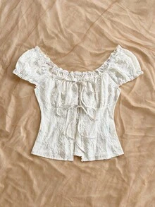 Soleia Women's Vacation Textured Tie-Up Casual Vacation Boho White Lace Top, Summer Casual Tops,Everyday Versatile,Daily Top,Date,Afternoon Tea,Daily Commute,Vacation - Apricot - View 6