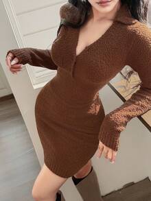 Feyla Váy len cổ sơ mi thường ngày dành cho nữ - Cà phê nâu - Xem 1