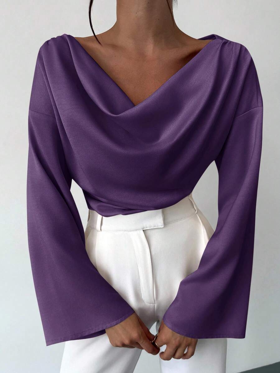 Firerie 船领喇叭袖收腰办公室女士杏色衬衫，简约优雅的日常通勤，不对称褶皱领喇叭袖缎面女式衬衫，适合办公室和日常穿着 - 紫色 - 查看 1