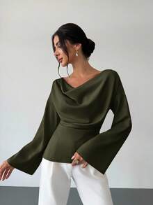 Firerie Boat Neck Flared Sleeve Gathered Waist Office Lady Apricot Blouse, Minimalist Elegant Daily Commute Apricot Satin Asymmetric Ruched Collar Flare Sleeve Women Shirt, Chic For Office And Everyday Wear - Army Green - View 5