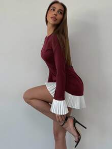 Aloruh Vestido midi elegante de mujer con mangas acampanadas y plisadas en bloque de color para uso diario - Burdeos - Ver 3