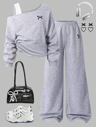 Sparklyn 2 件套青少年女孩休闲运动衫套装，不对称领肩带拼接短款蝴蝶印花上衣 + 配套松紧腰直筒裤，秋冬