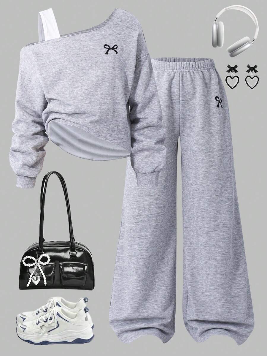 Sparklyn 2 件套青少年女孩休闲运动衫套装，不对称领肩带拼接短款蝴蝶印花上衣 + 配套松紧腰直筒裤，秋冬 - 灰色 - 查看 1