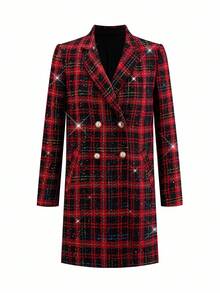 Ellevyn New Year Clothes,Women's Long Sleeve Red & Black Plaid Christmas Elegant Everyday Outerwear, Autumn/Winter - Multicolor - View 8