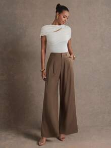 L'Amorae 女士阔腿褶皱长裤商务办公休闲装 - 棕色 - 查看 3