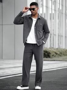 Manfinity CasualCool Dark Grey,Autumn,Streetwear,City Break Men's 2 Pieces Corduroy Jacket Set,Casual Leisure Suit Co Ord Joggers Outfit, Fall Clothes For Men - Grey - View 4