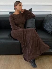 DAZY Women's Casual Round Neck Waist Top And Long Skirt 2 Pieces Set, Autumn Lounge Sets For Women - Coffee Brown - View 6