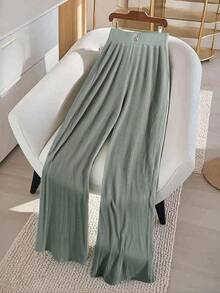 Franclia 女士时尚休闲针织阔腿裤，松紧腰带，带扣细节，适合秋冬季新年感恩节派对穿着 - 灰色 - 查看 3