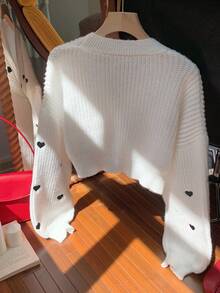 Comfortcana 女士休闲黑色心形图案超大落肩长袖薄款开衫，针织毛衣，秋冬 - 白色 - 查看 4