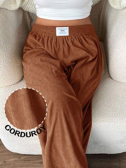 SHEIN EZwear Pantalones anchos de pana de talle alto color marrón óxido de talla grande para mujer con bolsillos y diseño de parche, adecuados para el campus, uso diario y trabajo en interiores, otoño/invierno