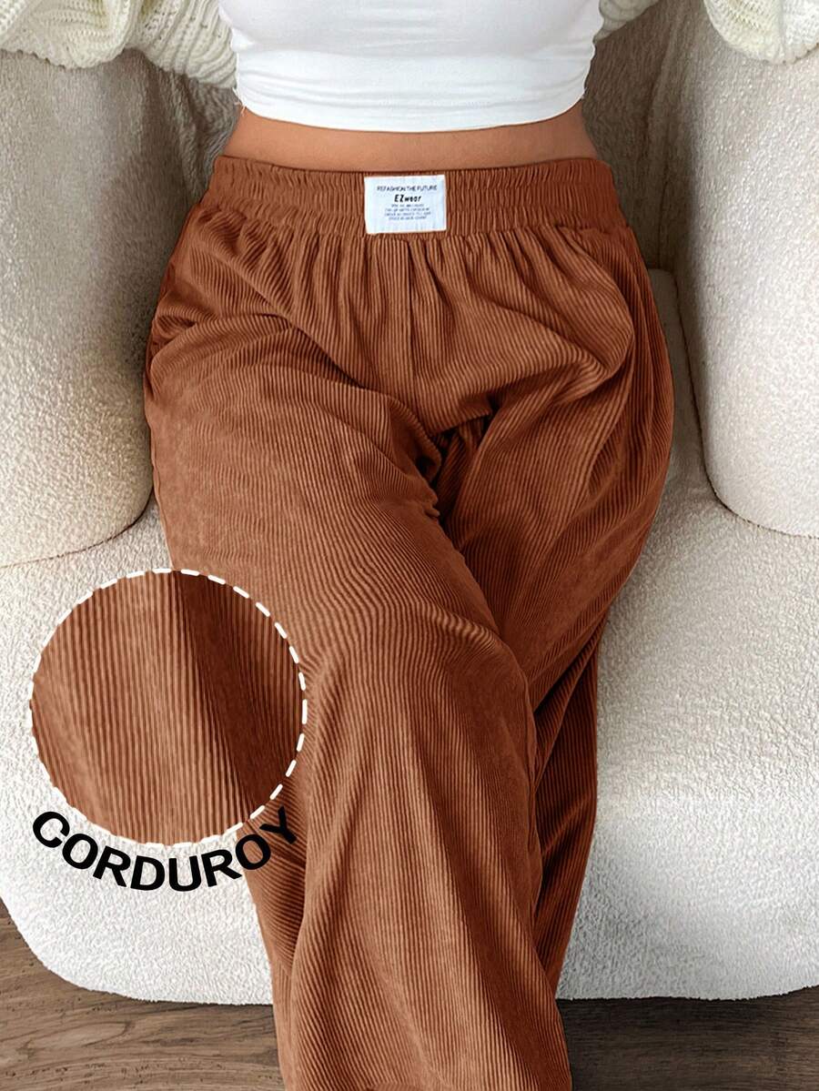 SHEIN EZwear 大码女式锈棕色灯芯绒高腰宽松阔腿裤,带口袋和贴片设计,适合校园、日常穿着和室内工作,秋冬季 - 鏽棕色 - 查看 1