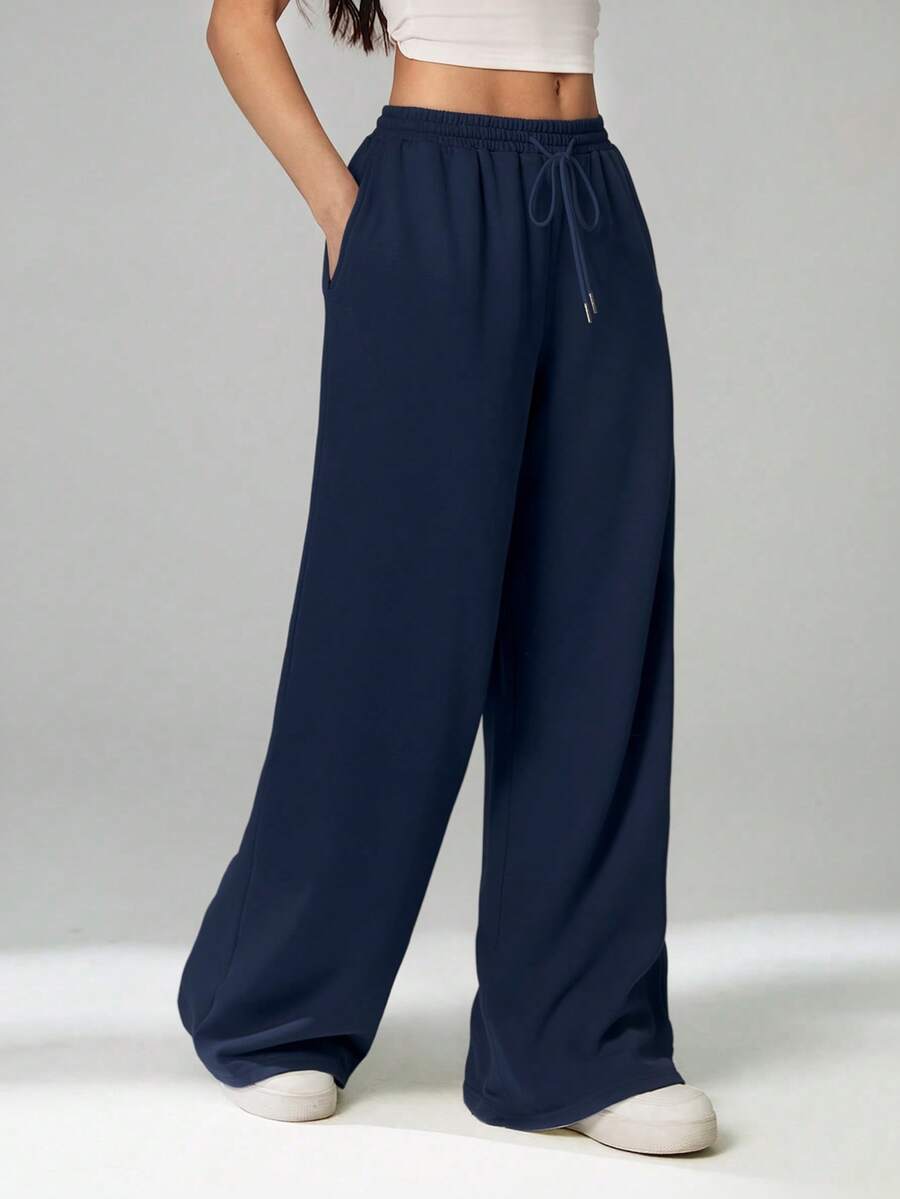 SHEIN Tall Spring And Summer New Casual And Versatile Slim Low-Waist Elastic Waistband Loose Wide-Leg Sweatpants Navy Blue Navy Blue Pants Elastic Waist Pants Flowy Pants For Women Baggy Wide Leg Pant Loose Pants - Navy Blue - View 1