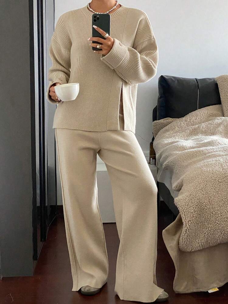 2pcs Women Solid Color Crew Neck Slit Sweater And Wide-Leg Pants Knitwear Set,Fall Clothes