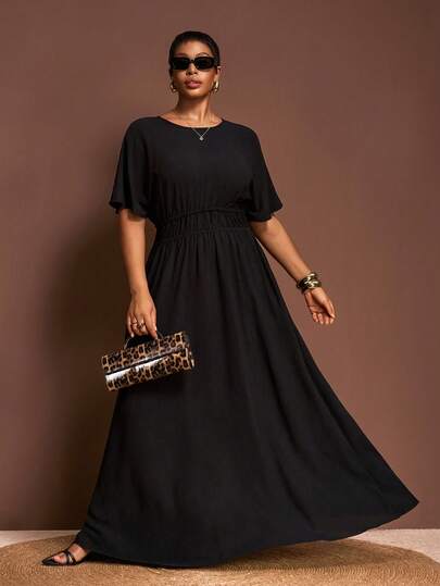 Veslaya 2025 Spring/Summer New Arrival, Vacation Casual & Daily Casual & Street Style & Elegant Party & Romantic, Solid Yellow, Drop Shoulder, Elastic Waist Ruched Flared Maxi Dress, Woven Textured Fabric, Plus Size Women