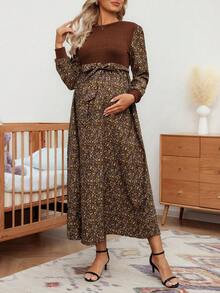 SHEIN Vestido de maternidad con cintura anudada y estampado floral vintage, elegante para el otoño - Multicolor - Ver 5