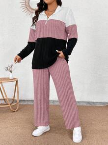 EMERY ROSE Áo thun dệt kim mềm tay dài có khóa kéo cổ áo cỡ lớn phối màu và quần gân mềm mại, trang phục thường ngày 2 món - Nhiều màu - Xem 8