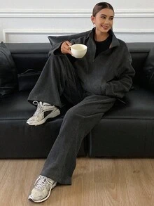 Livesso 2pcs Women's Thermal Lined Loose Fit Solid Pullover Sweatshirt And Straight Leg Sweatpants Set,Dark Grey Winter Casual Lounge Business Outfit - Dark Grey - View 4