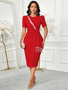 SHEIN Lady Đầm dài vừa phải cổ tròn tay bồng ngắn đính tua rua đính đá thanh lịch dành cho nữ - Đỏ - Xem 7