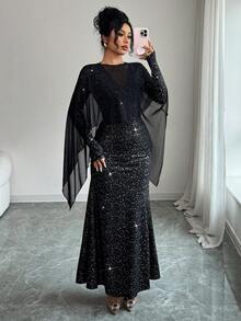 Rafferiza 优雅长款鱼尾下摆二合一AB拼接披肩针织网纱金箔针织面料秋冬黑色优雅女装优雅派对礼服女士优雅连衣裙闪亮亮片连衣裙女士亮片连衣裙时尚晚礼服黑色连衣裙女士优雅套装 - 黑色 - 查看 3