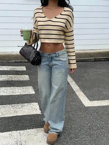 SHEIN Unity Fashionable Sexy V-Neck Versatile Striped Women Sweater - Multicolor - View 7