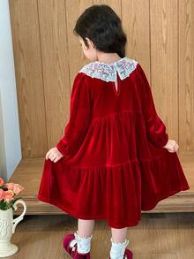 SHEIN Little Byeori Vestido casual para meninas com patchwork, gola com babados e manga bufante - Vermelho e branco - Ver 2