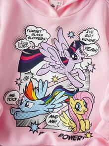 My Little Pony X SHEIN 年轻女孩休闲可爱卡通独角兽和口号图案落肩宽松连帽衫秋冬 - 粉色 - 查看 4