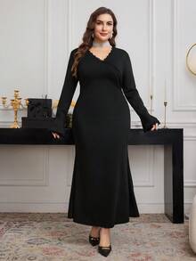 Modelyn Plus Size Elegant Solid Color Mermaid Dress For Party - Black - View 4