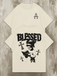 Manfinity EMRG Plus Size Men's Khaki/Beige Round Neck Short Sleeve T-Shirt With Faith And Little Girl Reading Bible Print, American Vintage, Streetwear Style, Casual, Summer