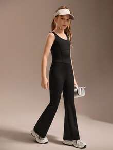 SHEIN Czarny, obcisły kombinezon dla nastolatek, modny, bardzo elastyczny materiał, dopasowany krój, do ćwiczeń, na co dzień