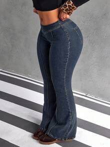 Jeanoix Quần jeans ống loe cạp thấp thường ngày cỡ lớn giặt sạch - Màu xanh lam - Xem 4