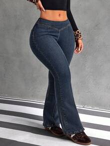 Jeanoix Quần jeans ống loe cạp thấp thường ngày cỡ lớn giặt sạch - Màu xanh lam - Xem 8
