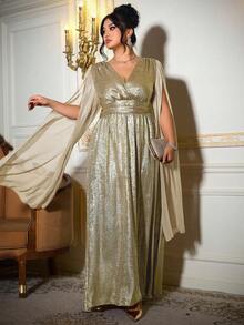 Roveilla Plus Size Elegant Party Metallic V-Neck Ruched Dress, Party Wear - Champagne - View 4