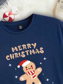 Manfinity Homme Men's Casual Fitted Christmas Gingerbread Man & Snowflake Print T-Shirt Christmas - Navy Blue - View 2