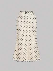 Girlism Teen Girl Summer Casual Vacation Knit Mesh Polka Dot Print Top And Fish Tail Skirt 2 Pieces Set, Polka Dot Set, Skirt Sets - Apricot - View 6