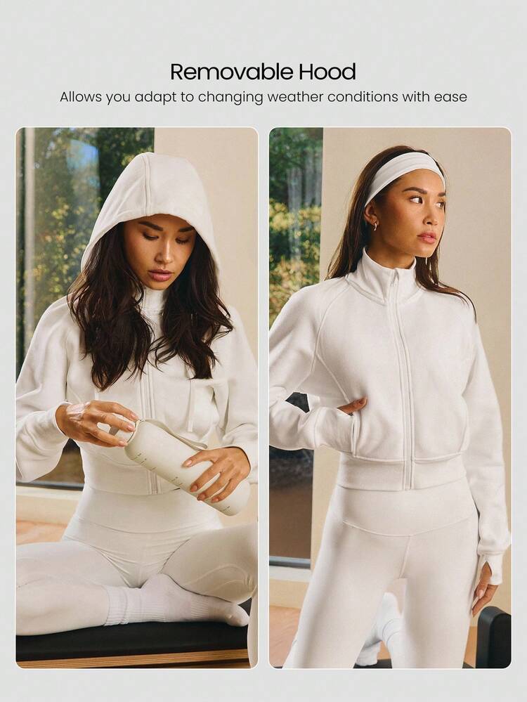 Fleece Cozy Soft Ribbed Cuffs Hem Thumbholes Detachable Hood Cropped Zip-Up Sweatshirt Daily Casual Wear Fall Winter