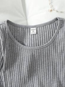 SHEIN Tween 女童罗纹圆领弹力修身百搭休闲长袖 T 恤，舒适 - 淺灰色 - 查看 5