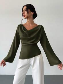 Firerie Boat Neck Flared Sleeve Gathered Waist Office Lady Apricot Blouse, Minimalist Elegant Daily Commute Apricot Satin Asymmetric Ruched Collar Flare Sleeve Women Shirt, Chic For Office And Everyday Wear - Army Green - View 6